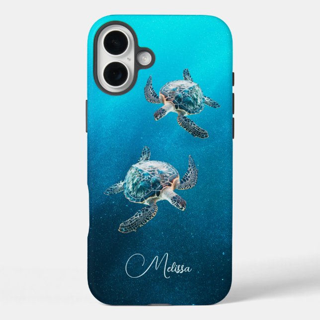 Funda iPhone 16 Plus Tortuga turquesa brillante | Costera (Reverso )