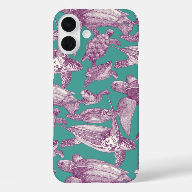 Funda iPhone 16 Plus tortugas de mar turquesa violeta (Reverso )