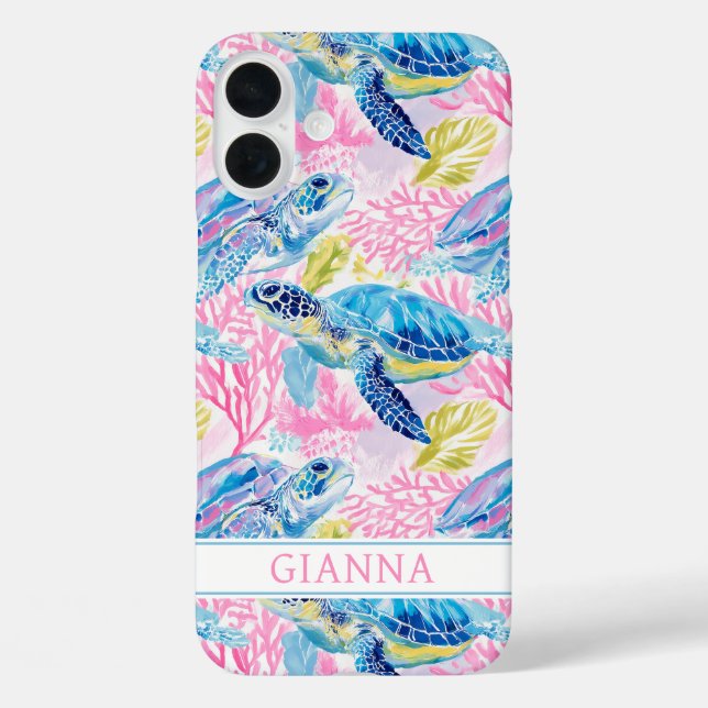 Funda iPhone 16 Plus Tortugas Marinas Acuarela Monogramadas (Reverso )