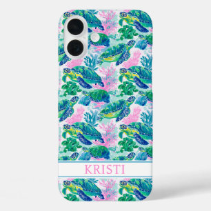 Funda iPhone 16 Plus Tortugas Marinas Coloridas Monogramadas
