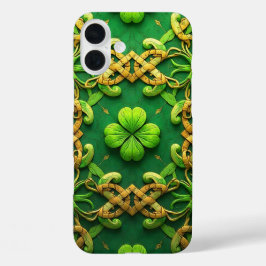 FUNDA iPhone 16 PLUS TRÉBOLES CÉLTICOS IRLANDESES VERDES Y DORADOS