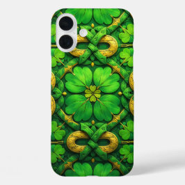 FUNDA iPhone 16 PLUS TRÉBOLES CÉLTICOS IRLANDESES VERDES Y DORADOS
