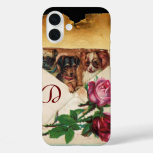 FUNDA iPhone 16 PLUS TRES DOGGIES CON ROSAS MONOGRAMA