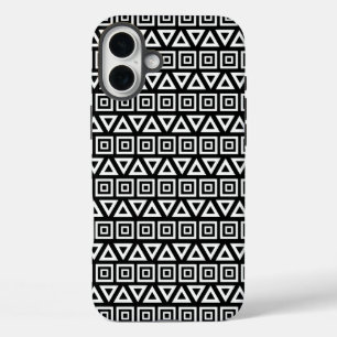 Funda iPhone 16 Plus Triángulos aztecos+Cuadrados Patrón blanco sobre n