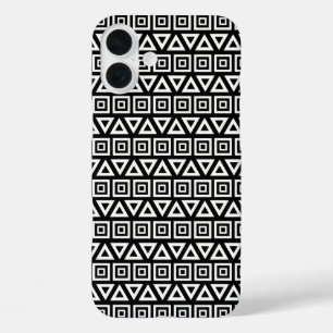 Funda iPhone 16 Plus Triángulos aztecos+Cuadrados Patrón blanco sobre n