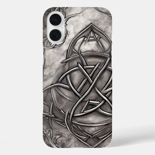 Funda iPhone 16 Plus Triquetra Trinity Knot Silvery Faux Metalizado (Reverso )
