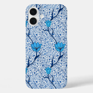 Funda iPhone 16 Plus Tulip Damask de Art Nouveau, azul cobalto