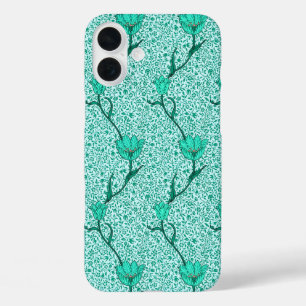 Funda iPhone 16 Plus Tulip Damask de Art Nouveau, Turquesa