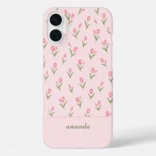 Funda iPhone 16 Plus Tulipanes Rosas con Nombre Personalizado