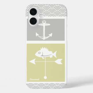 Funda iPhone 16 Plus Vane del clima de peces náutico amarillo y gris