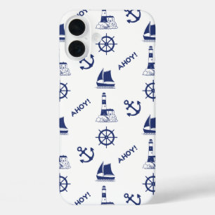Funda iPhone 16 Plus Vela Patrón ilustrativo Marina Azul+Blanco