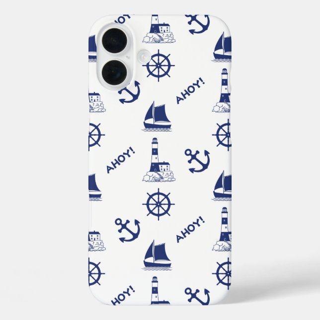 Funda iPhone 16 Plus Vela Patrón ilustrativo Marina Azul+Blanco (Reverso )
