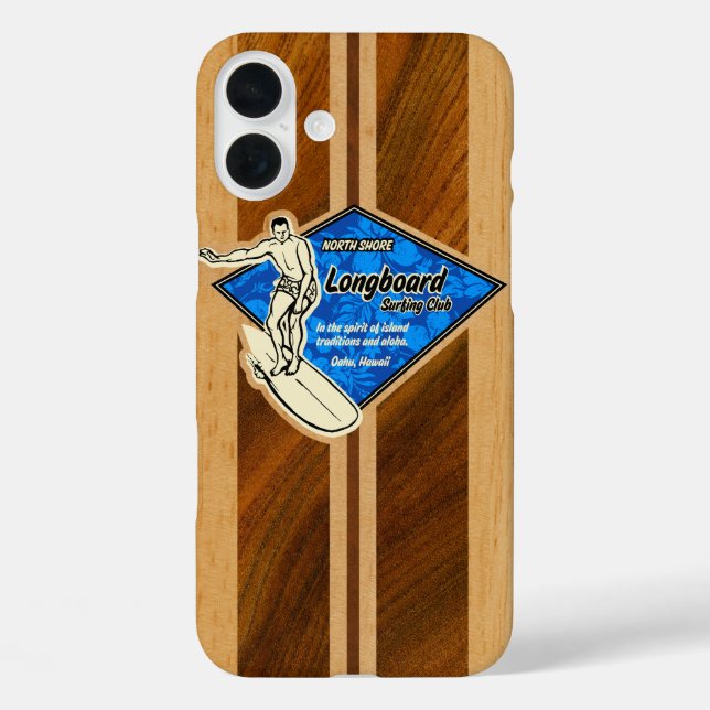 Funda iPhone 16 Plus Waimea Surfboard Hawaiian Faux Koa Wood Blue  (Reverso )
