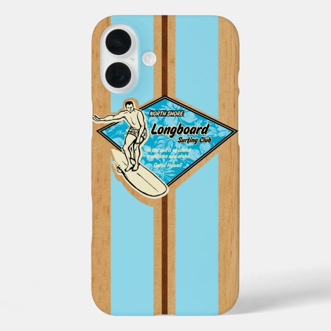 Funda iPhone 16 Plus Waimea Surfboard Hawaiian Faux Wood Aqua (Reverso )