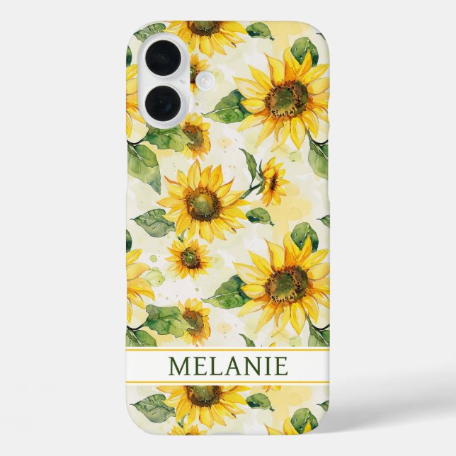 Funda iPhone 16 Plus Watercolor Sunflowers Monogrammed (Reverso )