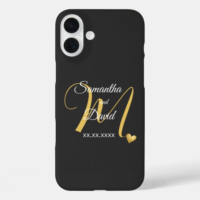Funda iPhone 16 Plus Wedding Monogram Design with Names and Date (Reverso )