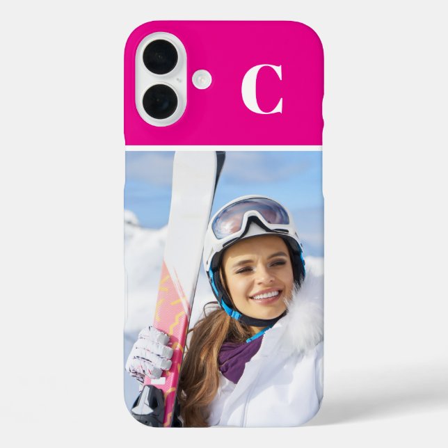 Funda iPhone 16 Plus Winter Sport Photo Monogrammed Hot Pink (Reverso )