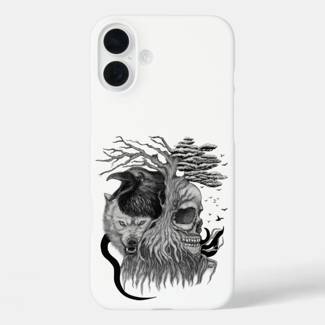 Funda iPhone 16 Plus Wolf y Raven con el cráneo (Reverso )