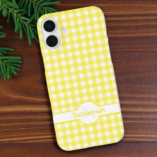 Funda iPhone 16 Plus Yellow Gingham Check Monogramado Personalizado Fun