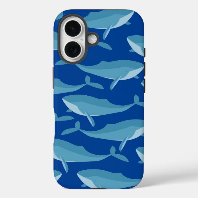 Funda iPhone 16 Pod de ballenas nadando azul oscuro (Reverso )