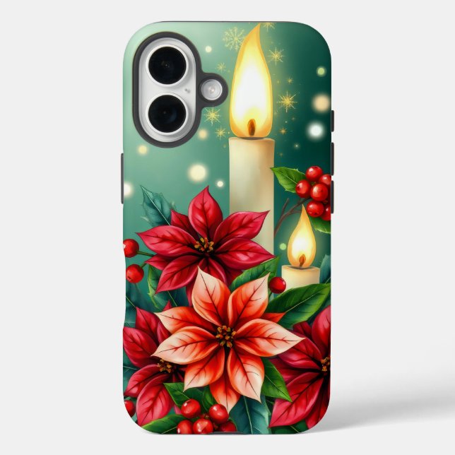 Funda iPhone 16 poinsettias y bayas holly vibrantes (Reverso )