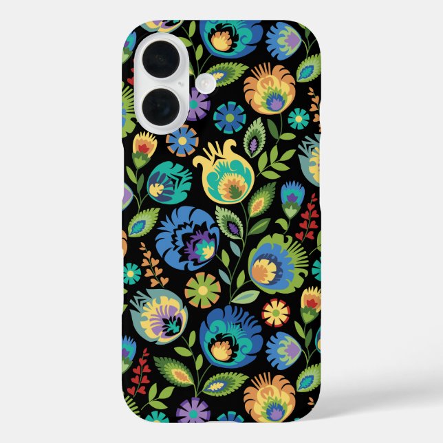 Funda iPhone 16 Polish Wycinanki Floral on Black (Reverso )