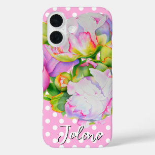 Funda iPhone 16 Polkadots florales clásicos de peonía blanca rosa 