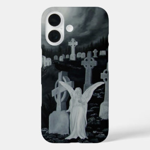 Funda iPhone 16 Por la noche en el cementerio - Ángel con cuervo