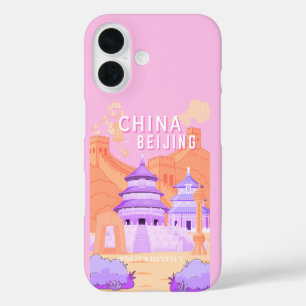 Funda iPhone 16 Póster de viaje de Pekín China Arte rosa y lavan