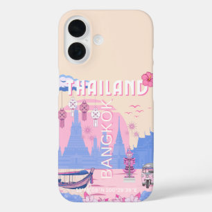Funda iPhone 16 Póster de viaje pastel de Bangkok Tailandia Azul R