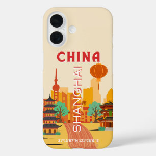 Funda iPhone 16 Póster Retro de Viajes a Shanghai China