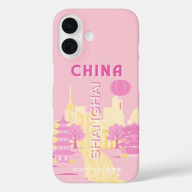 Funda iPhone 16 Póster Rosa de Viajes a Shanghai China (Reverso )