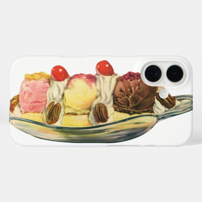 Funda iPhone 16 Postres de comida vintage, cerezas de banana split (Reverso (Horizontal))