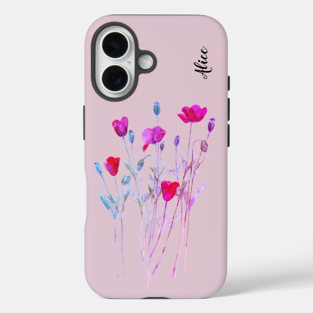 Funda iPhone 16 Pradera de verano de amapolas rojas, flores silves (Reverso )