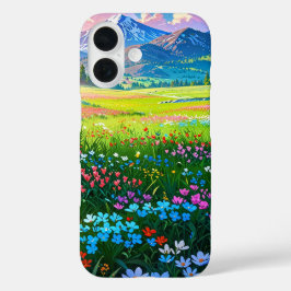 Funda iPhone 16 Prado y montañas de primavera - Paisaje animado