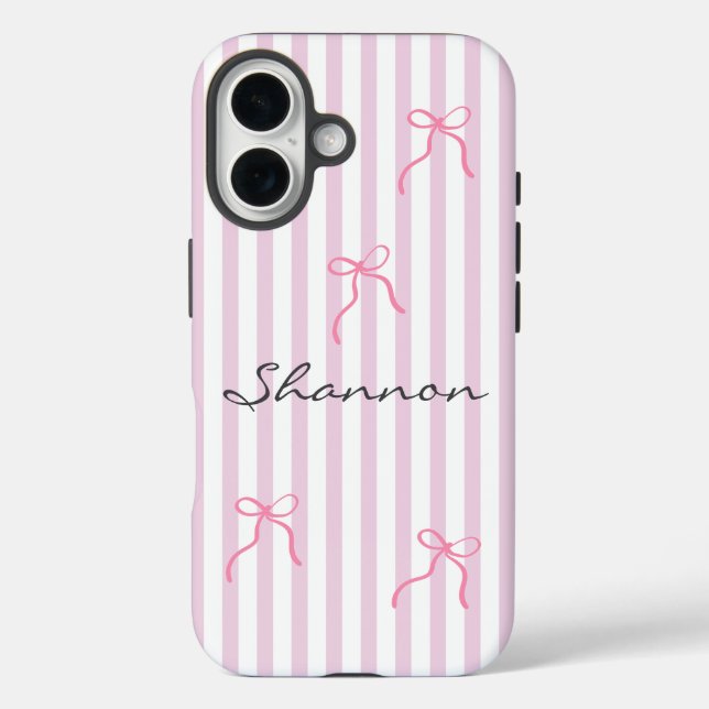 Funda iPhone 16 Preppy Pink Stripe and Bow Personalized  (Reverso )