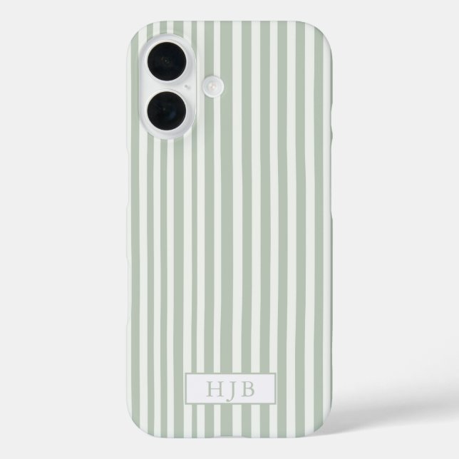 Funda iPhone 16 Preppy Sage Green Stripe Monograma Bonito para iPh (Reverso )