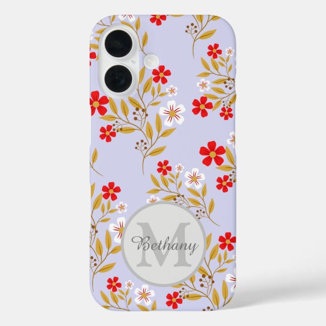Funda iPhone 16 Pretty Red and White Floral Pattern Personalised (Reverso )