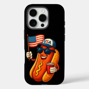 Funda iPhone 16 Pro 4 de julio Hotdog Funny Bandera Patriótica de EEUU