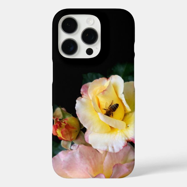 Funda iPhone 16 Pro Abejas con flores de rosas amarillas rosas (Reverso )