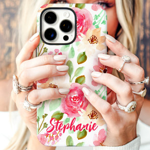 Funda iPhone 16 Pro Acuarela Floral Rosa Melocotón Nombre Personalizad