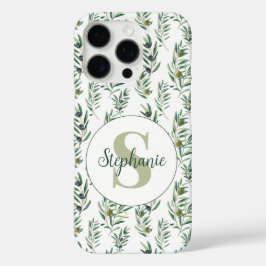 Funda iPhone 16 Pro Acuarela Monograma Nombre Patrón Ramas de Olivo