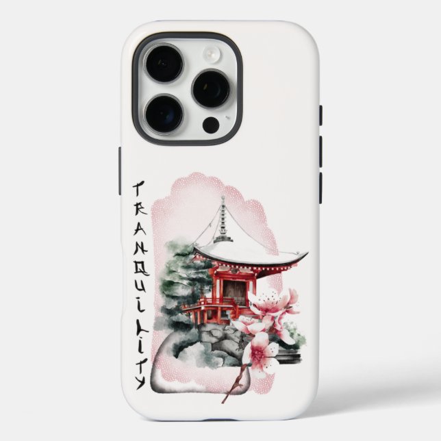 Funda iPhone 16 Pro Acuarela Templo Japonés Sakura Blossom (Reverso )