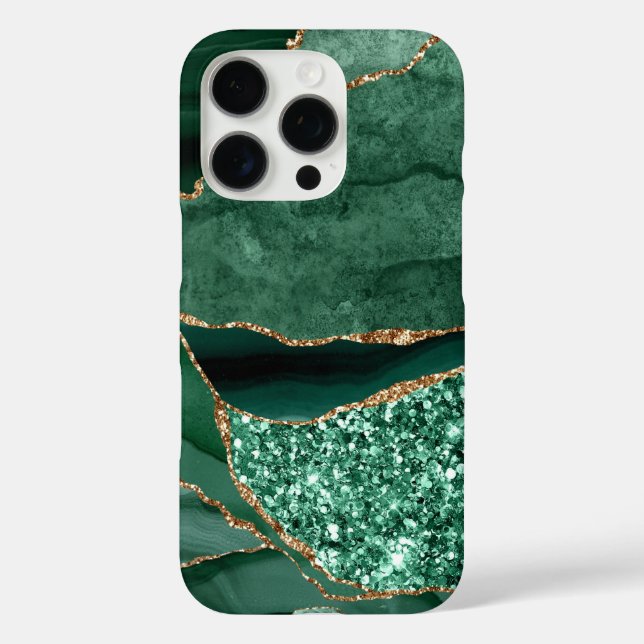 Funda iPhone 16 Pro Agante Purpurina de oro de Geode de Marble Verde (Reverso )