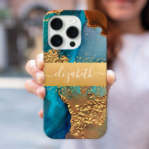 Funda iPhone 16 Pro Agitar acuarela naranja turquesa dorar tu nombre