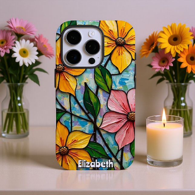 Funda iPhone 16 Pro Alegre ilustración de flores de vidrio manchado (Subido por el creador)