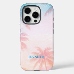 Funda iPhone 16 Pro Atardecer de playa vintage palmeras pastel