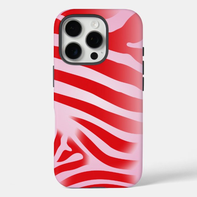 Funda iPhone 16 Pro Bandas de impresión de cebra roja y rosa (Reverso )