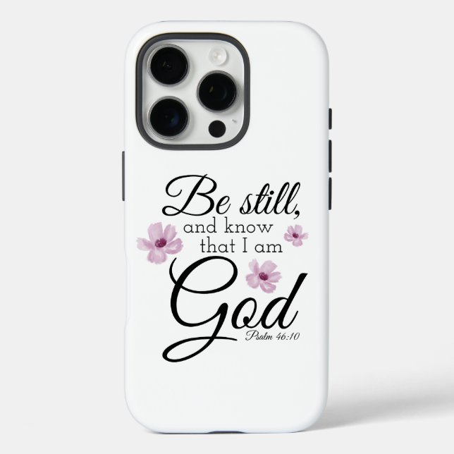 Funda iPhone 16 Pro Be Still Psalm 46:10 Acuarela Flores Púrpura (Reverso )
