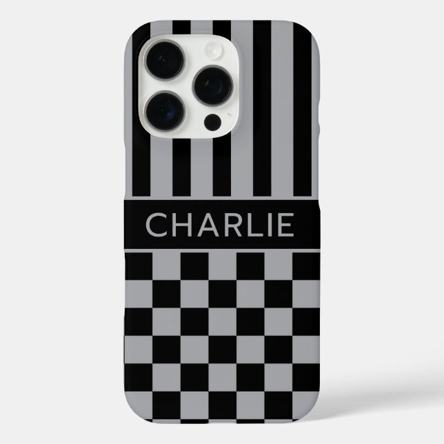 Funda iPhone 16 Pro Black and Gray Checkered Striped Personalized (Reverso )